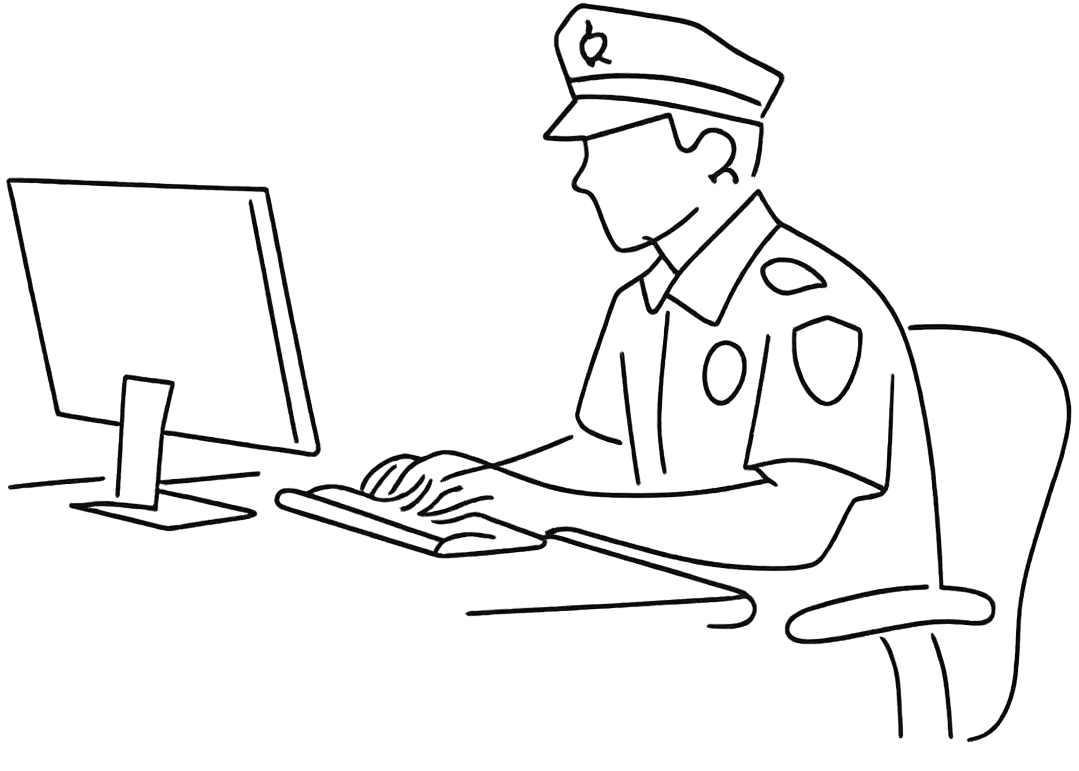 Desenho de um policial trabalhando em frente ao monitoramento para compor o background